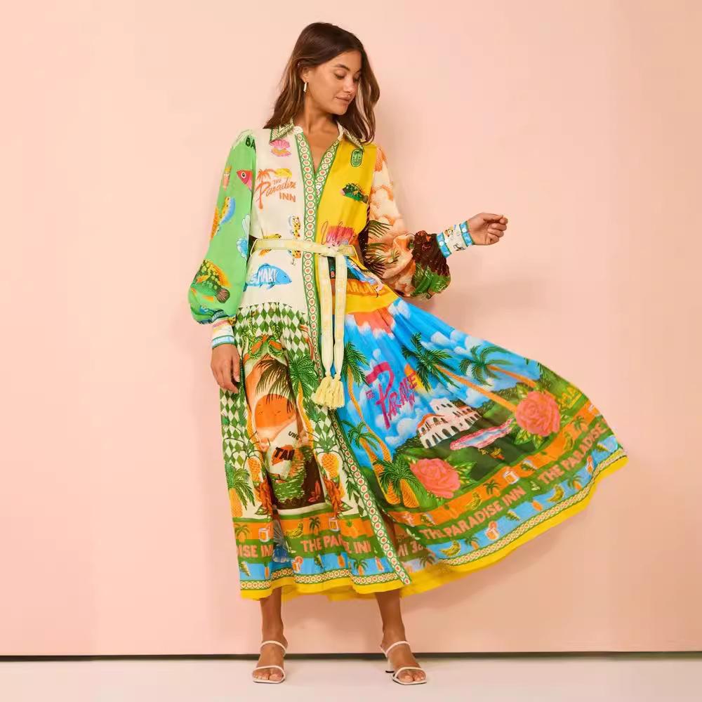 African trade African Light Mature Women Fashion Tether Print Skirt Single-breasted Lantern Sleeve Graffiti dress