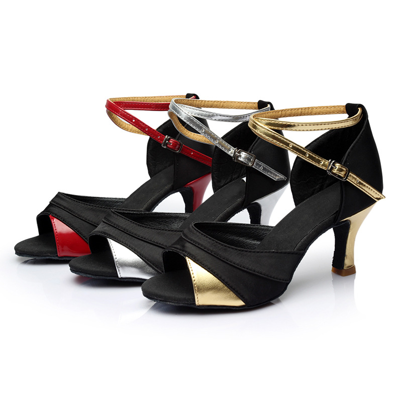 Picture of Women Adult High Heel 5cm Black Satin 7cm Latin Dance Shoes Black Red 3441 Soft Bottom Cha Cha Dancing