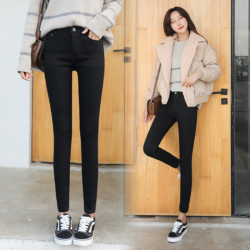 Picture of Dark Blue High Waist Jeans Women's 2023 Spring New Slim-fit Tight All-match Fleece-lined Stretch Pants for Winter