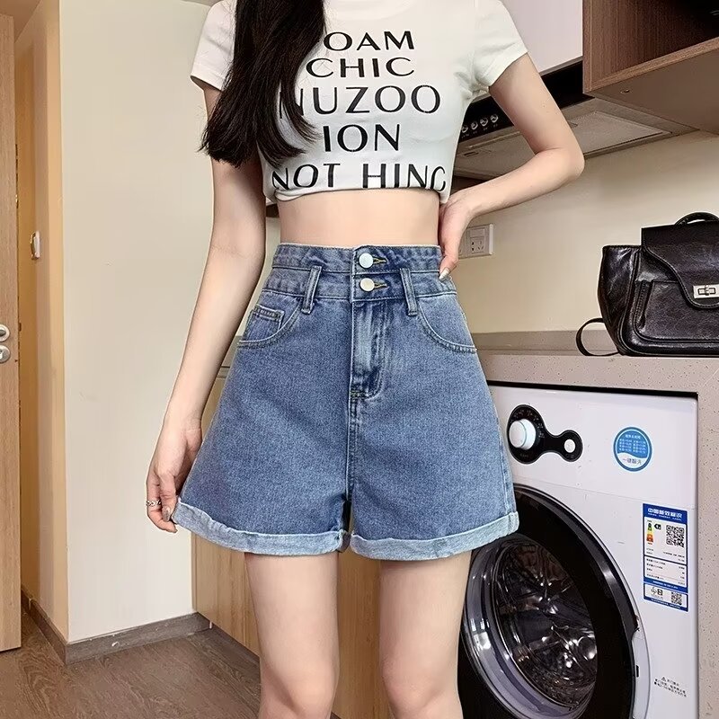 Blue Double Buckle Denim Shorts Women's Small 2024 Summer New High Waist Loose A- line Wide Leg Ins Hot Pants