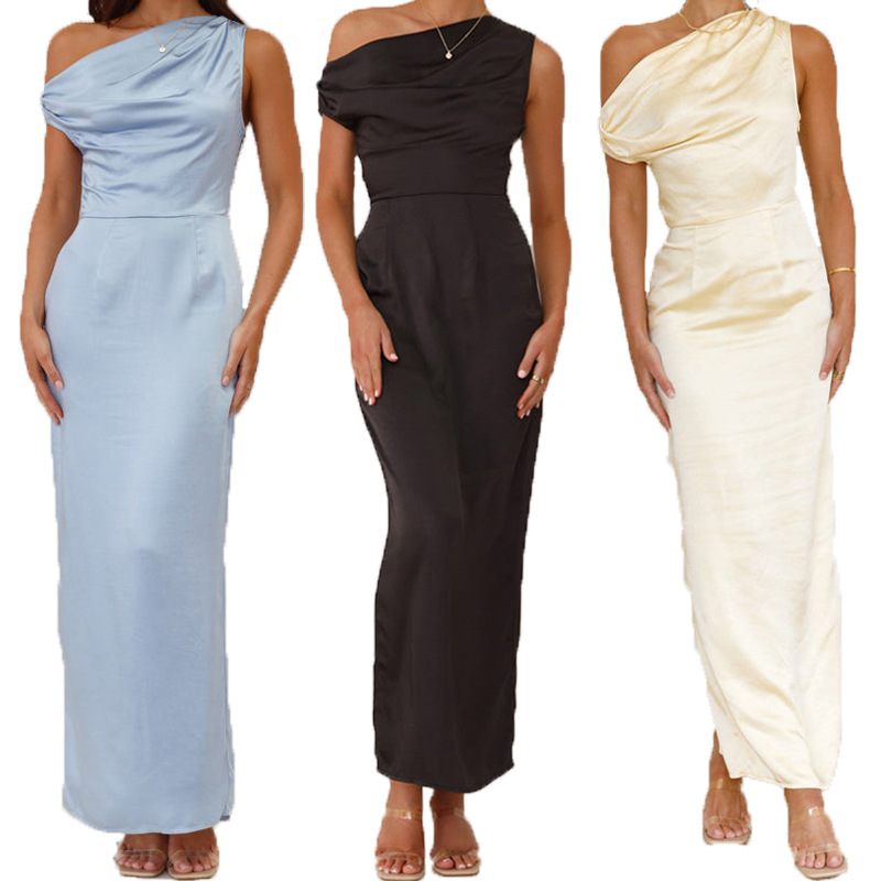 Cross-border New Sexy Shoulder Long dress European and American Women's Dress Slim-fit Solid Color Sleeveless Long Dress Women's Spring and Summer