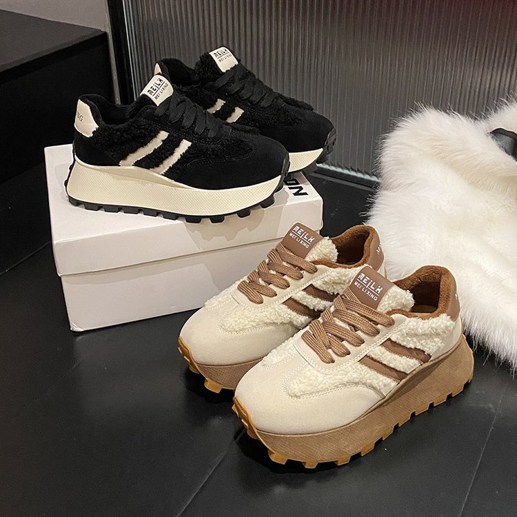 Thick-soled fleece-lined German Training Shoes Women's 2024 New Style Board Shoes Thickened Warm Cotton Shoes Heightened Mao Mao Shoes Casual Single-layer Shoes for Women