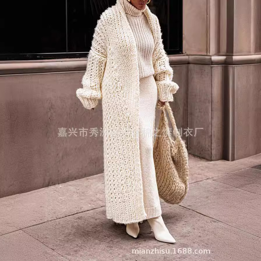 2023 autumn and winter European and American new sweater cardigan thick stick needle loose large version long sweater coat Amazon women