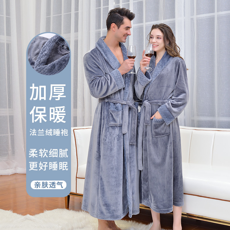 Cross-border Autumn and Winter Long Flannel Nightgown Women's fleece-lined Thickened Hotel Bathrobe Flannel plus size Bathrobe for Couple