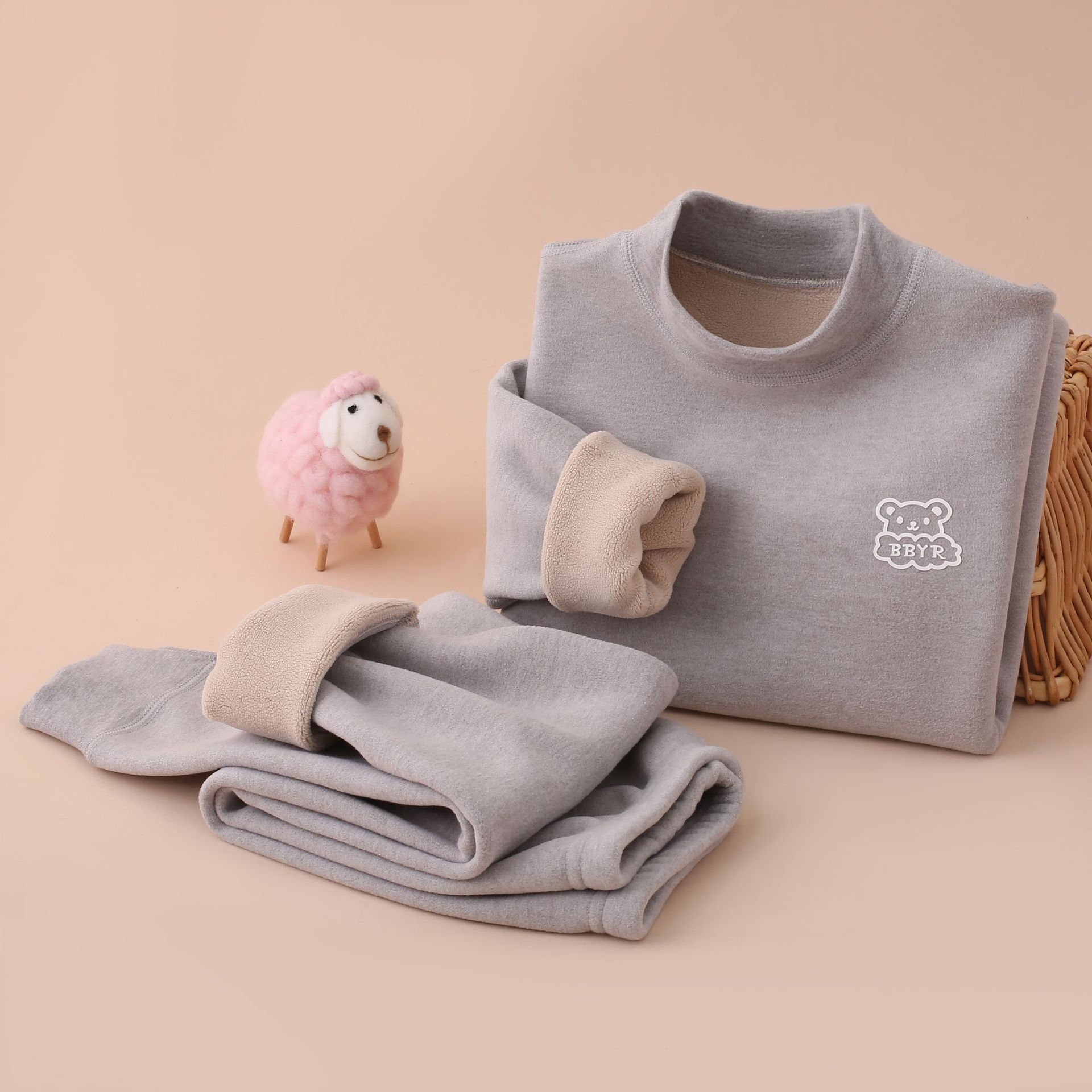 Picture of Autumn and winter fleece-lined children's clothing large children's mid-collar autumn pants children's inner warm bottoming shirt children's home clothing suit
