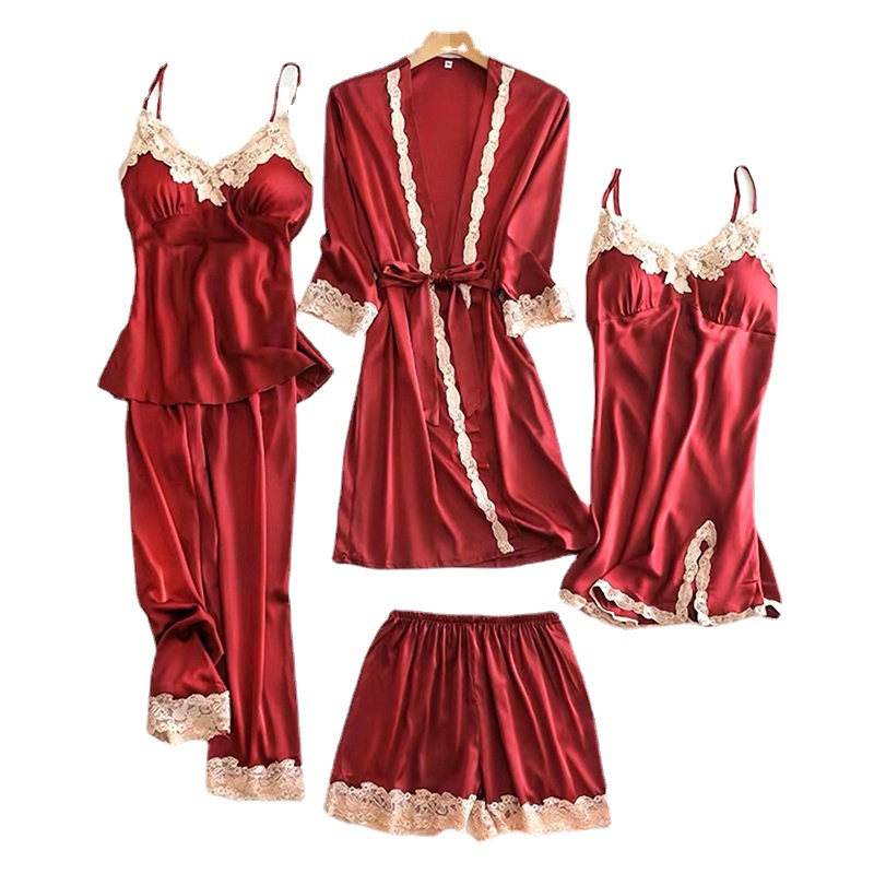 Picture of Spring and Autumn Pajamas Ice Silk Women's Spring and Summer Sexy Pajamas Five-piece Set Satin Nightgown Sling Nightgown with Chest Pad Home Clothes