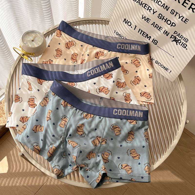 Cute bear men's underwear mid-waist cotton boxers loose comfortable breathable boxers cartoon bear men's underwear