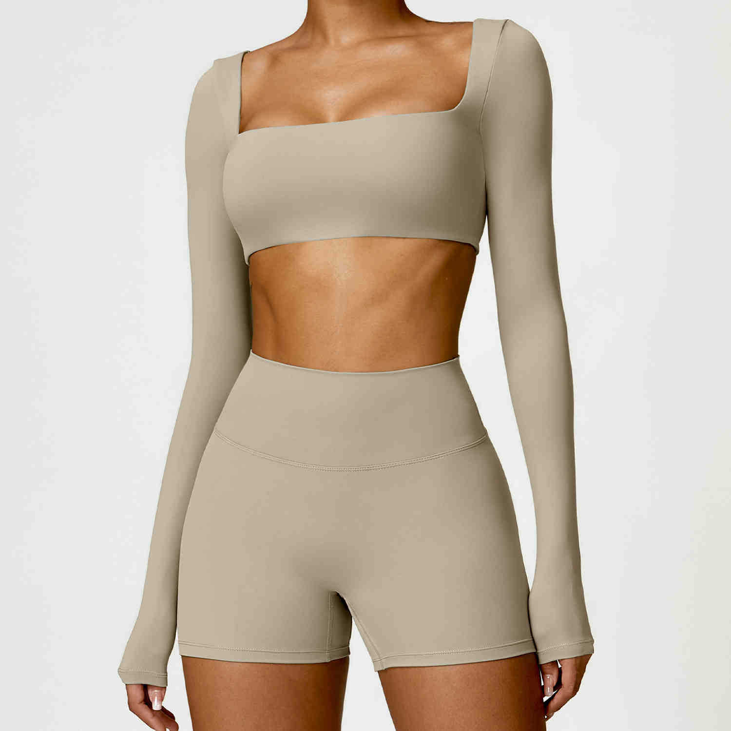 Picture of Autumn and Winter Tight Long-sleeved Yoga Suit Women's Outdoor Running Fitness Suit Scrub Naked Short Sports Top with Chest Pad