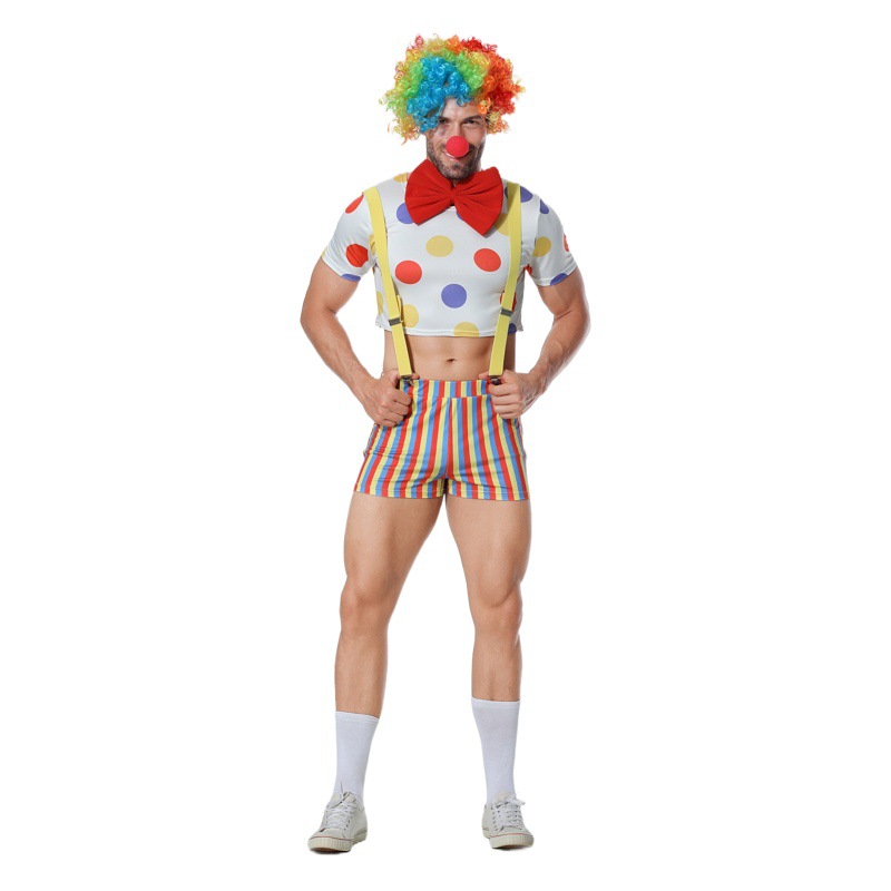 Funny Clown Costume Men's Short Sleeve Dot Bow Clown Halloween Carnival cosplay Stage Performance Dress