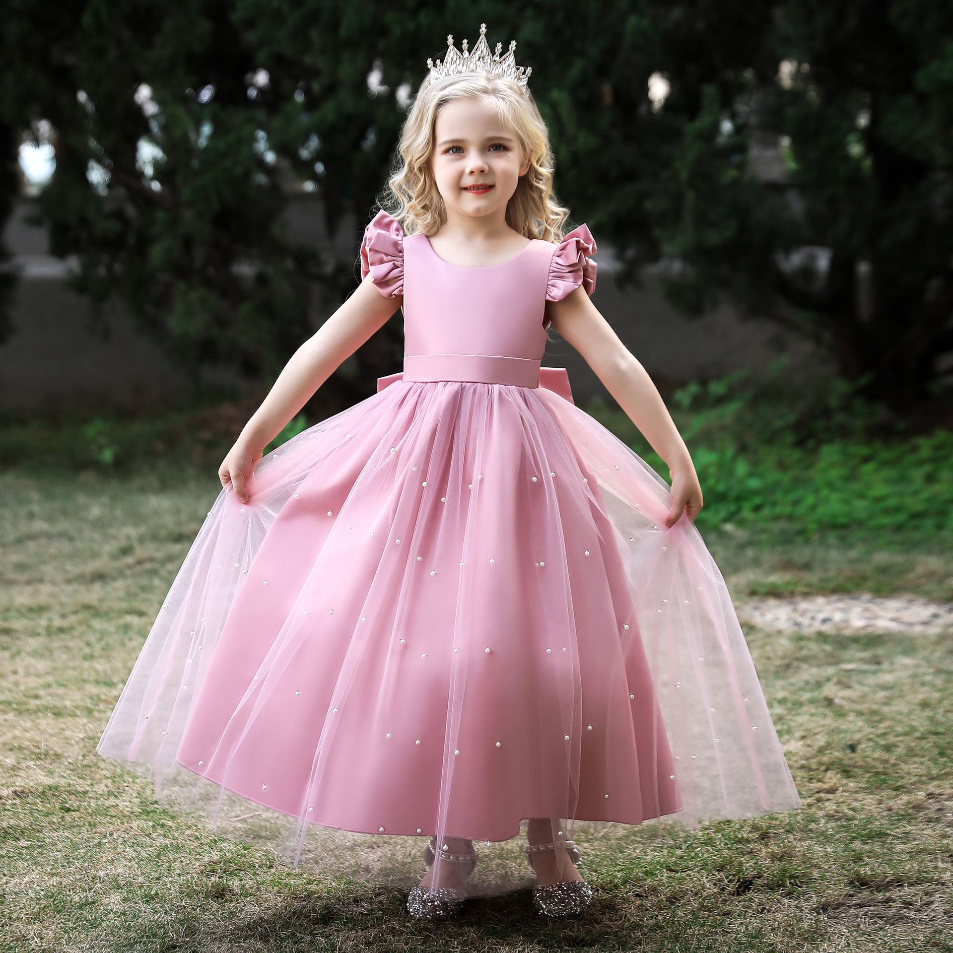 Picture of European and American Children's Dress Flower Girl Princess Dress Girl's Bow Long Dress Piano Performance Dress Poncho Wedding Dress Dress