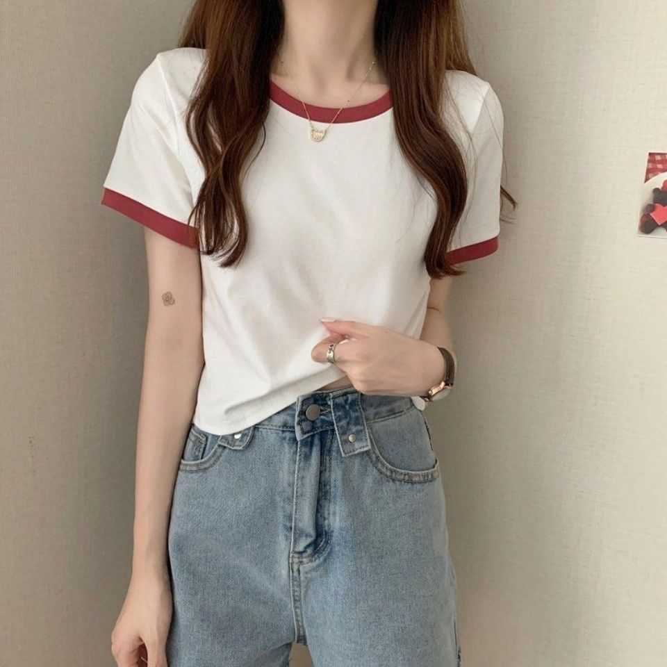 Picture of Contrast Color Round Neck Short Sleeve T-Shirt Women's 2025 New Summer Base Shirt Korean Style Slim Fit Short Student Top Trendy