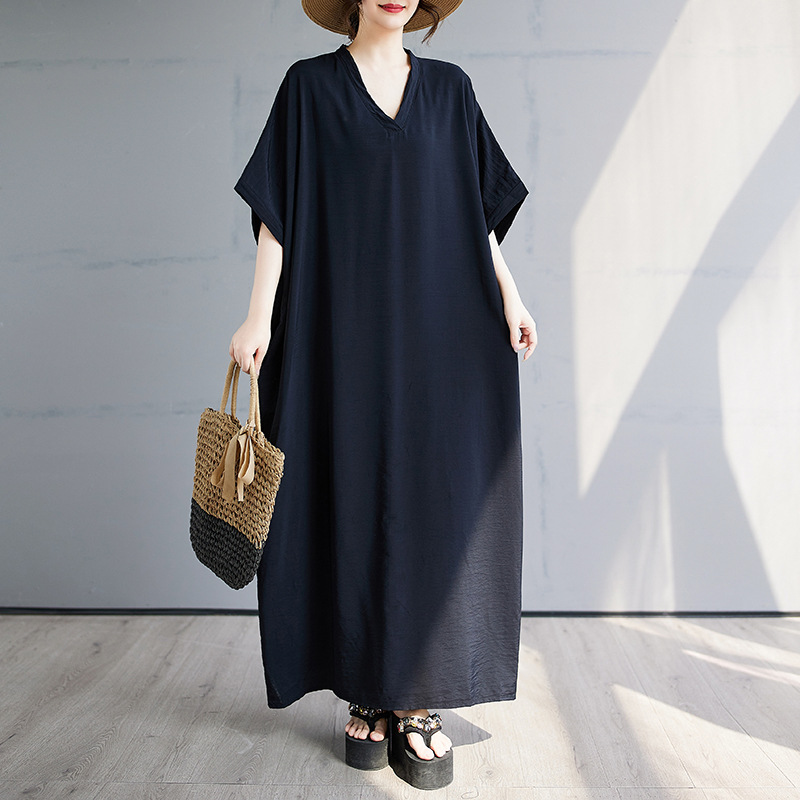 Plus Size Women's Summer V Neck Cotton and Linen Extra Large Size Loose Artistic Holiday Style Beach Skirt Retro Long Dress