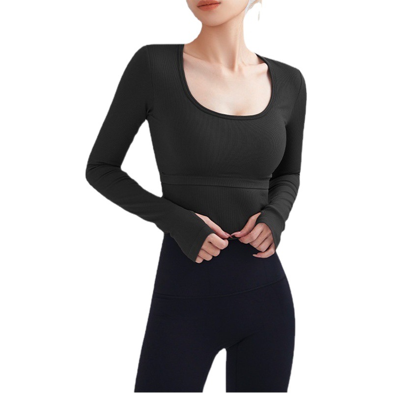 Meixi Fitness Yoga Suit with Chest Mat Tight Sexy Stretch Sports Long Sleeve Slimming Running Training Quick-drying Top