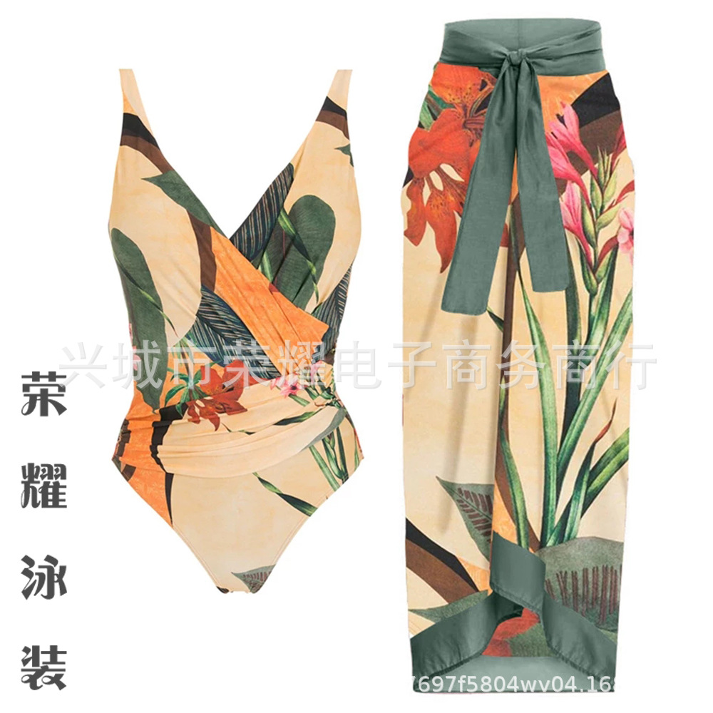 European and American foreign trade cross-border Amazon one-piece backless sexy plus size 2024 new swimsuit women's printed chiffon beach