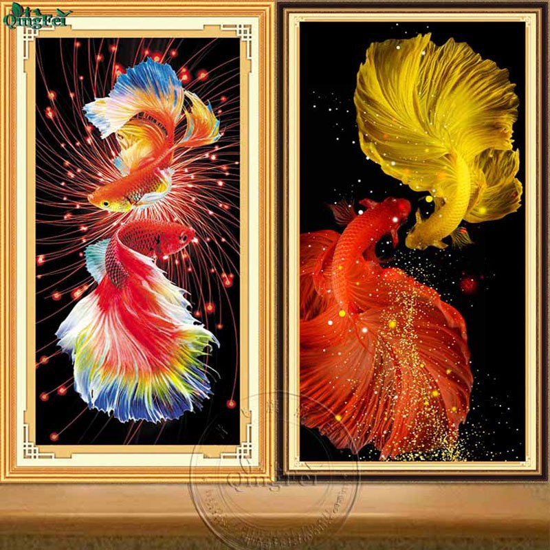 Qingfei precision printing cloth colorful koi dancing youth cross stitch new handmade thread embroidery living room bedroom porch painting