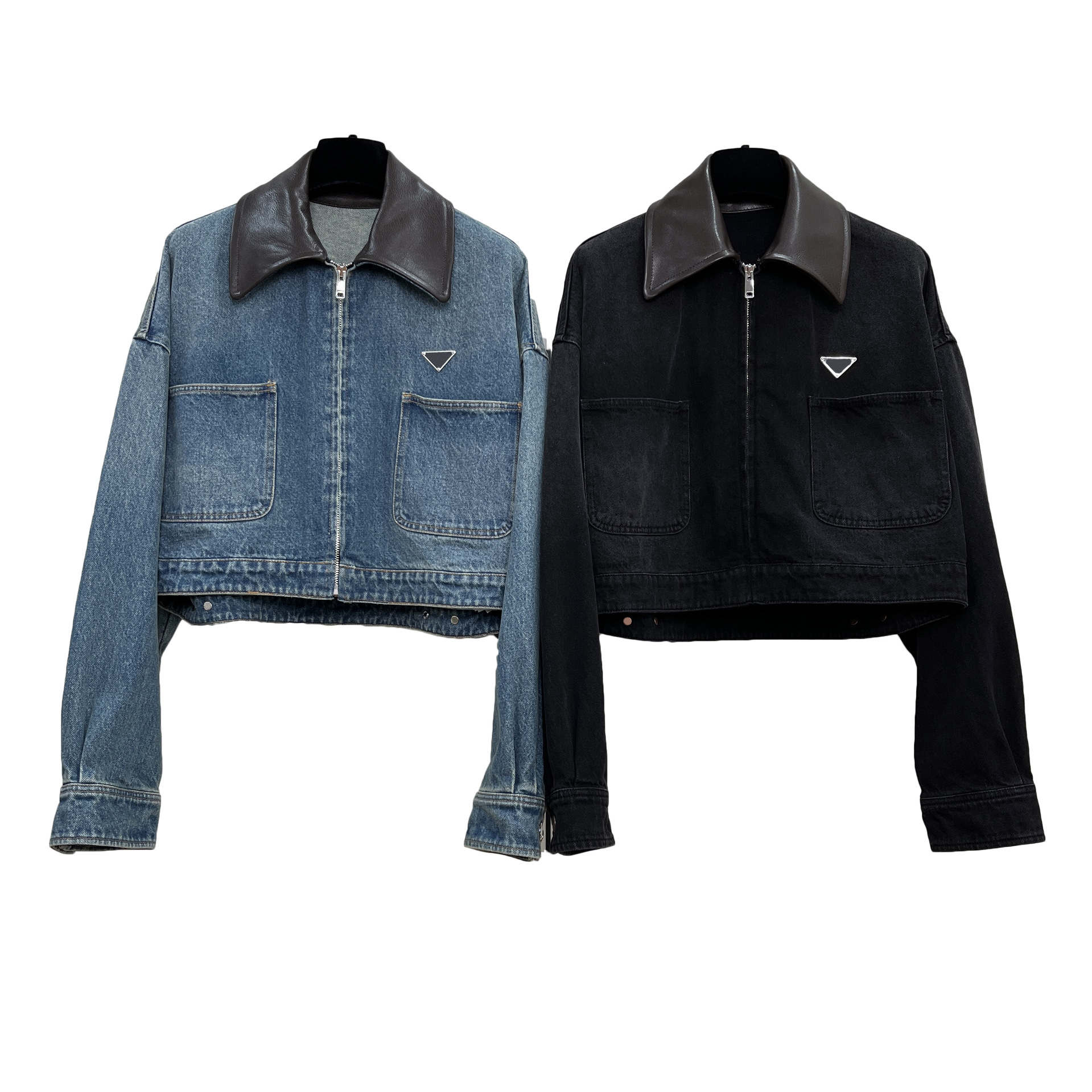 Picture of High-End Heavy-Duty Zipper Denim Jacket for Women with Chest Pocket Triangle Logo Genuine Leather Lapel Short Jacket Top
