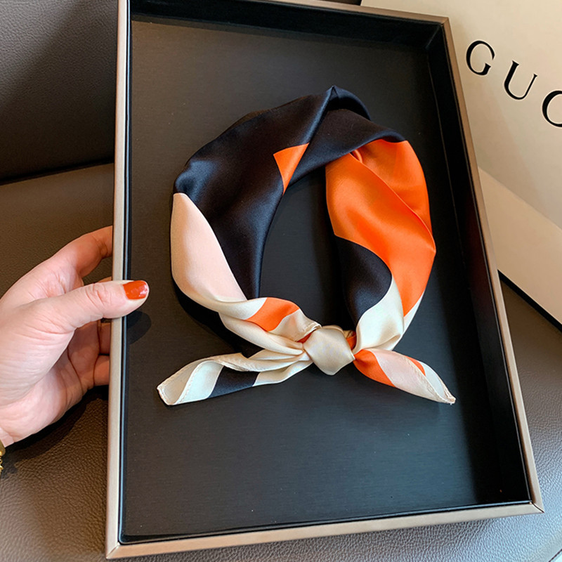 Hangzhou Silk Spring K-Style Black Orange Color-Blocked Silk Scarf Small Scarf Women's Small Square Scarf New Mulberry Silk Scarf