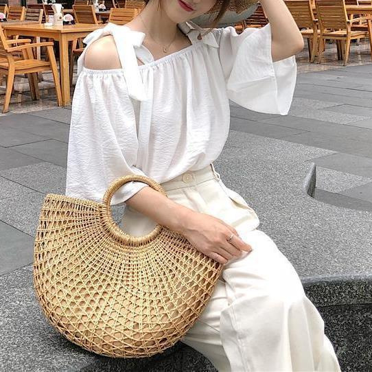 Picture of Spring and Summer 2022 New Korean Striped Shirt Female Student Lace-up Short Sleeve Shirt Loose Shoulder Top Trendy
