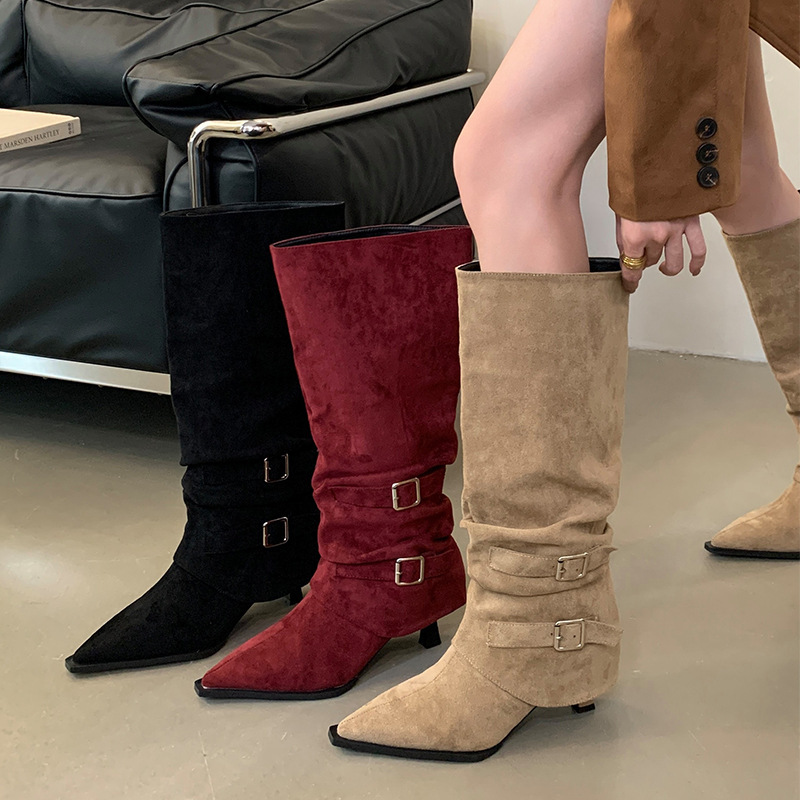 2025 Autumn and Winter New Fashion Versatile Pointed Toe Stiletto High Boots Women's Suede Pleated Pile Boots