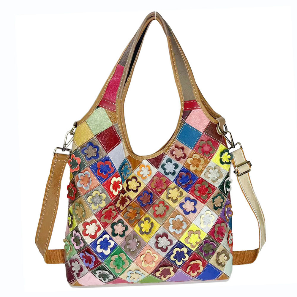 Cross-border European and American Women's Bag Handmade Floral Leather Women's Bag Colorful Floral Colorblock Bag Handbag Shoulder Crossbody Bag