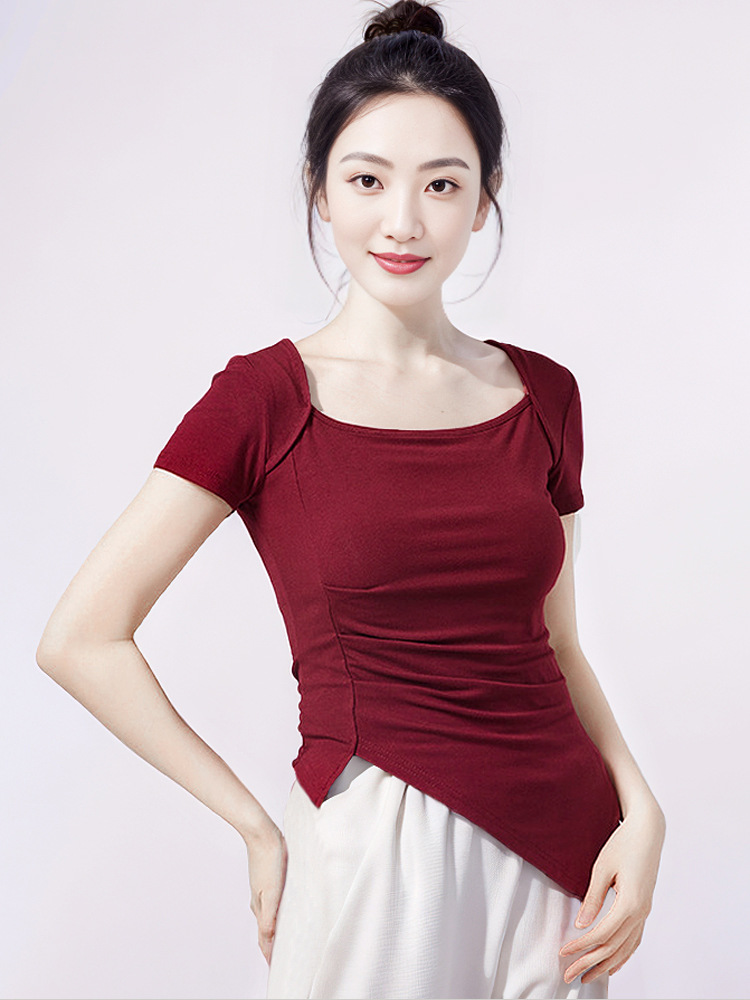 Modern Dance Practice Clothes Square Collar Women's Summer Short-Sleeved Body Suit Tops Teacher Classical Dance Beveled Performance Dance Clothes