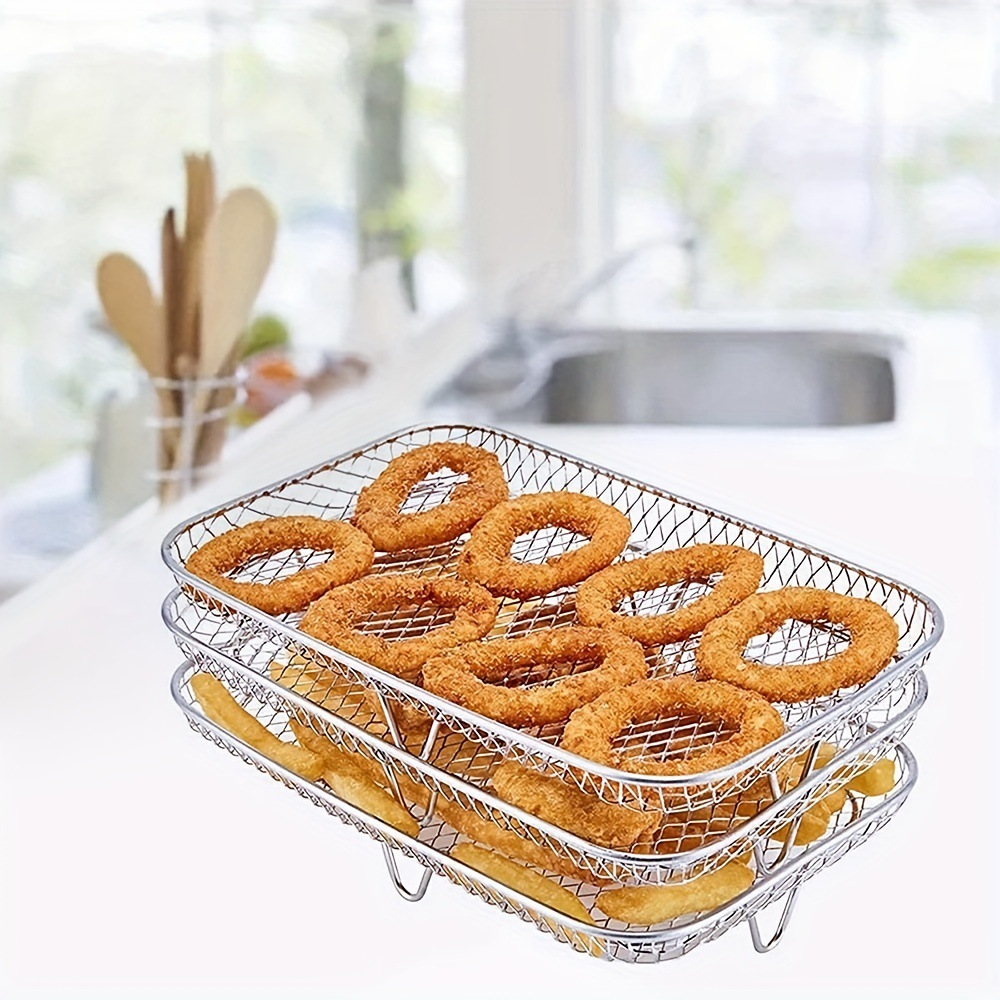 Picture of Cross-border three-layer stainless steel grill multifunctional air fryer rack 304 stainless steel air fryer basket tray