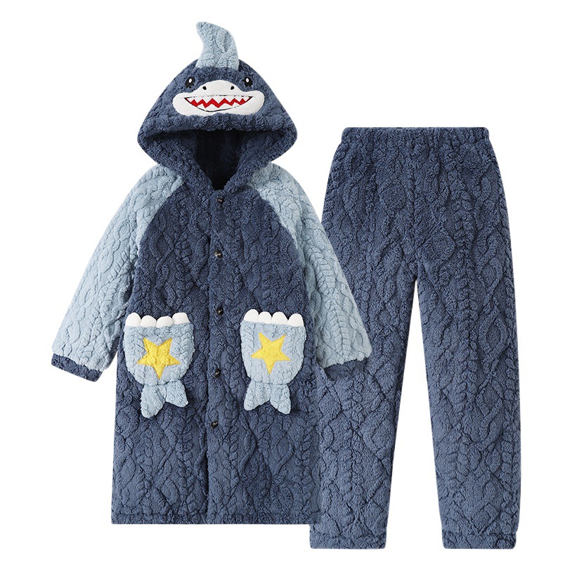 Winter flannel quilted pajamas boys' three-layer thickened homewear fleece-lined warm suit coral fleece big children