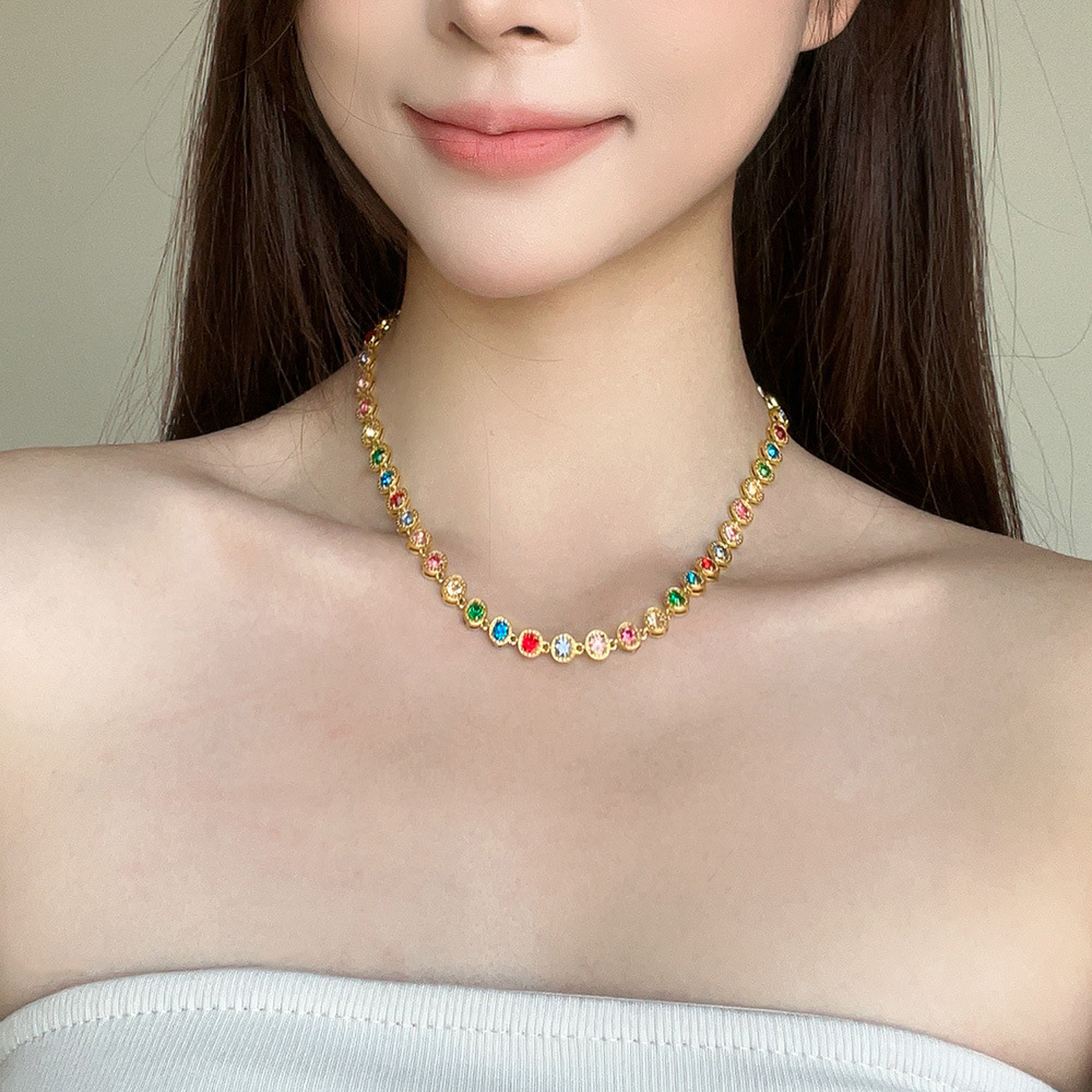 European and American Stainless Steel Full Diamond 3A Zircon Mixed Color Bracelet PVD Plated 18k True Gold Color-free Necklace Women's Jewelry suit