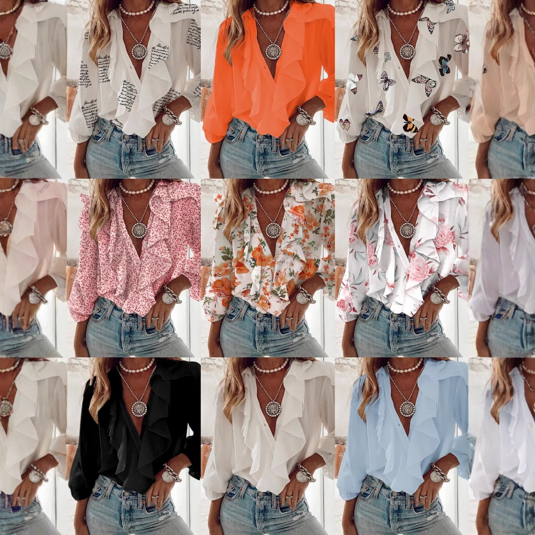 European and American shirt Amazon 2025 cross-border supply European and American women's chiffon shirt V-neck long sleeve top