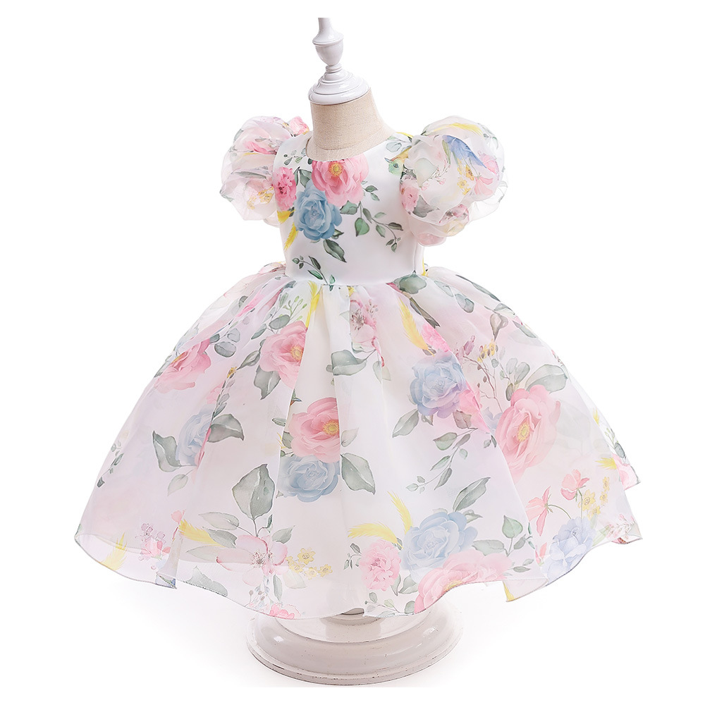 Picture of 2024 Summer New Girls' Dress European and American Puff Sleeve Princess Dress Children Floral Dress Mesh Tutu Dress