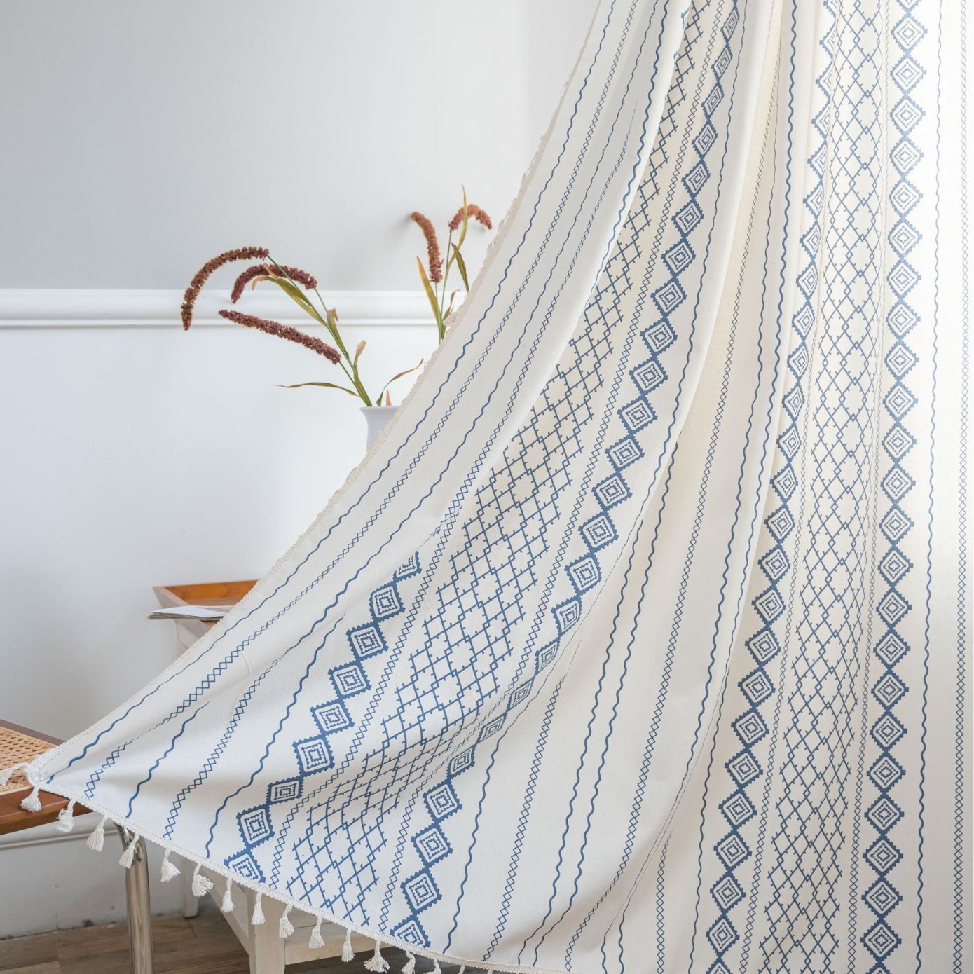 Picture of Yiman Qiyun Curtain Finished Cotton and Linen Kitchen Curtain Bohemian Style Black and White Printed Bay Window Curtain