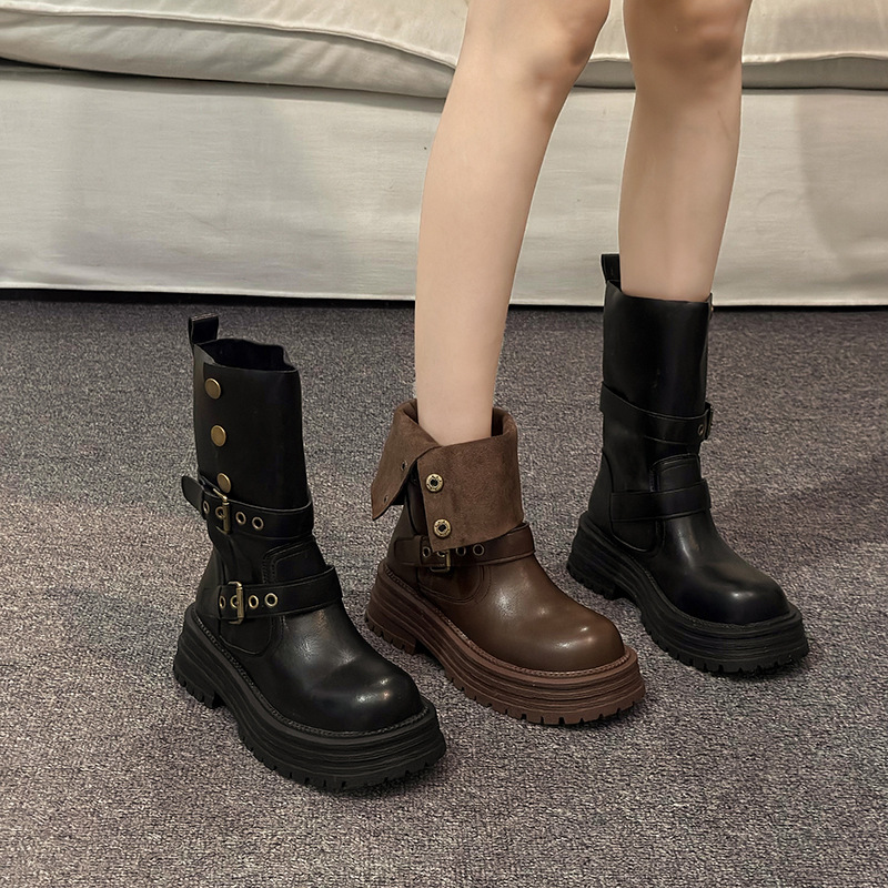 Brown Retro Thick Heel Thick-Soled Boots for Women 2025 Autum New British Style Slimming Look Short Boots