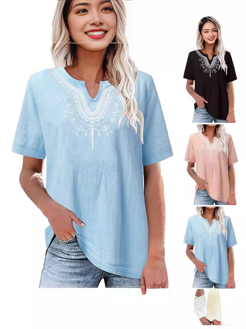 2024 Amazon New Cotton and Linen Embroidered Shirt V-neck Solid Color Women's Artistic Loose Pullover Short Sleeve Summer