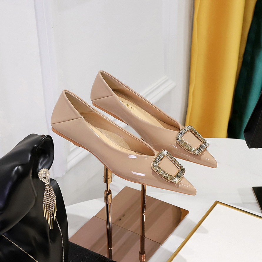2873-K15 European and American style flat women's shoes comfortable all-Match patent leather shallow mouth pointed metal rhinestone buckle flat heel shoes