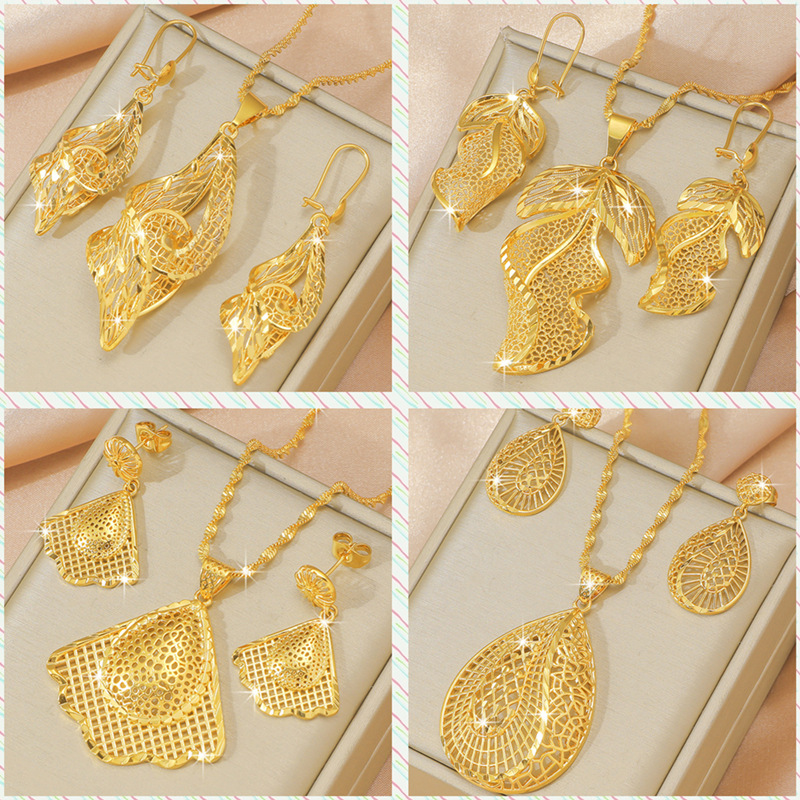 Wedding copper gold-plated jewelry does not fade foreign trade explosions Vietnam sand gold leaves flower necklace women's earrings set