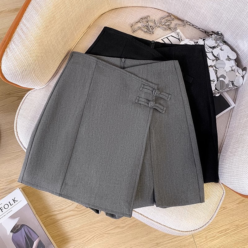Grey Suit Skirt Design Sense Button A- Line Short Pants Skirt Women's Spring and Summer Split New Chinese Hip Skirt