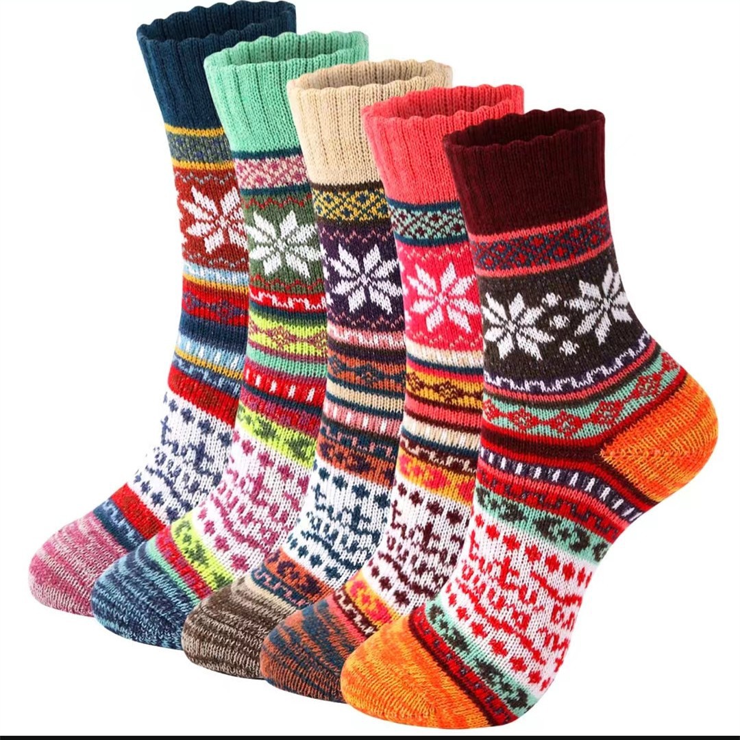 Amazon Foreign Trade Autumn and Winter Women's Socks Thickened Warm Wool Socks Double Road Ethnic Socks Thick Needle and Line