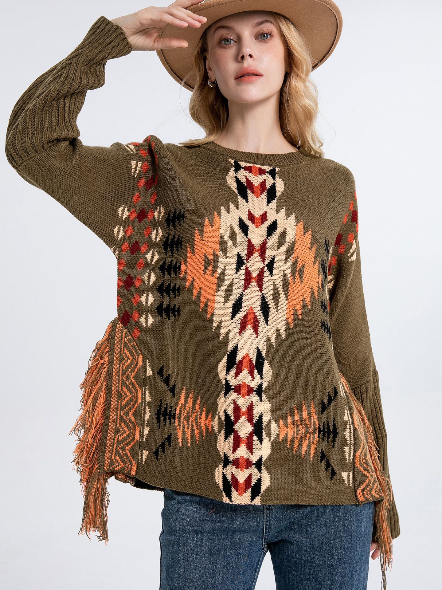 Autumn and Winter new Aztec style knitwear contrast color sweater round neck pullover lazy long sleeve punk sweater for women