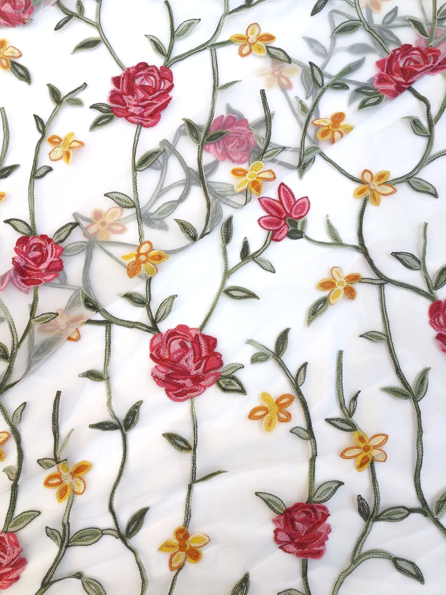 Picture of Mesh lace fabric, colorful three-dimensional rose embroidery, soft and skin-friendly women's and children's skirts, lace fabric
