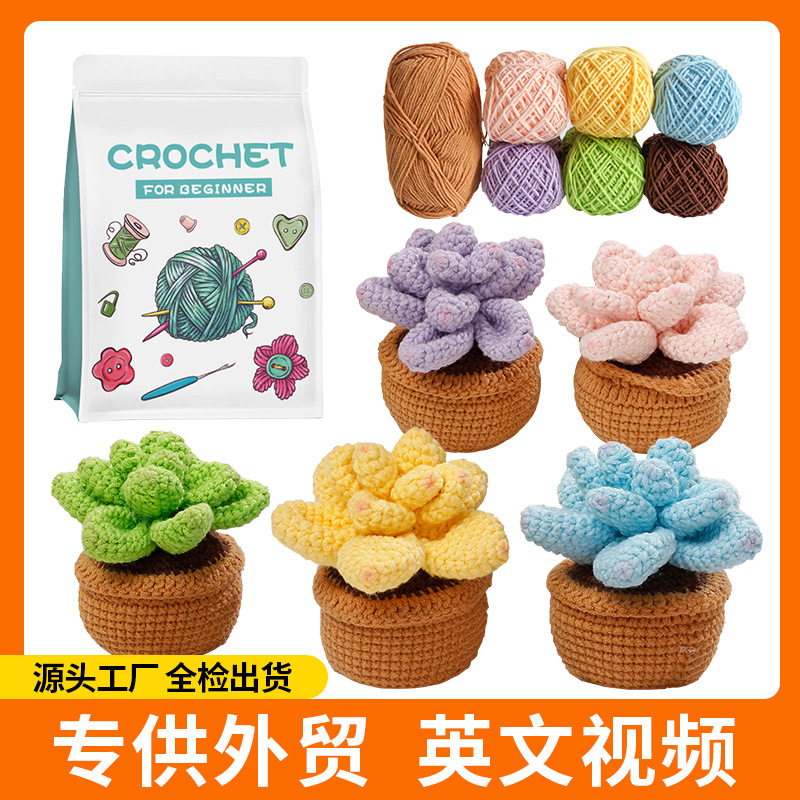 Amazon Wool Knitting Succulent Potted Ornaments Crochet Material Package Handmade DIY Pendant English Teaching Video