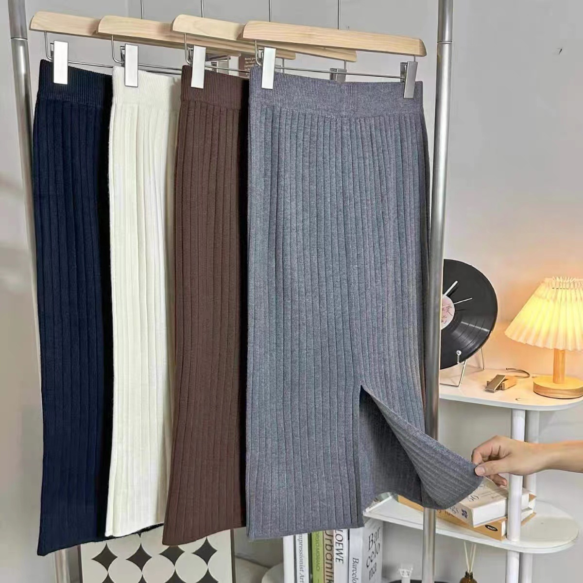 Spring and Autumn knitted skirt Women's Mid-length hip skirt waist split one-step skirt personality slimming wool straight dress