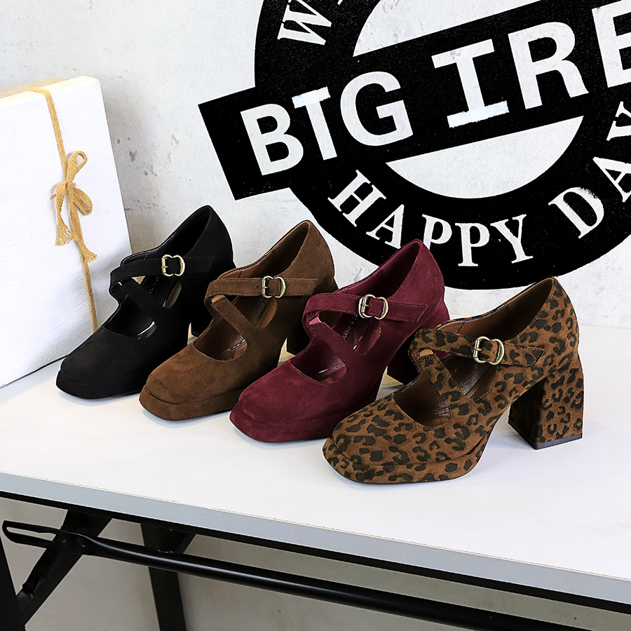 9613-8 European and American retro style women's shoes thick heel high heel waterproof platform shallow mouth square head cross with suede leopard print single shoes