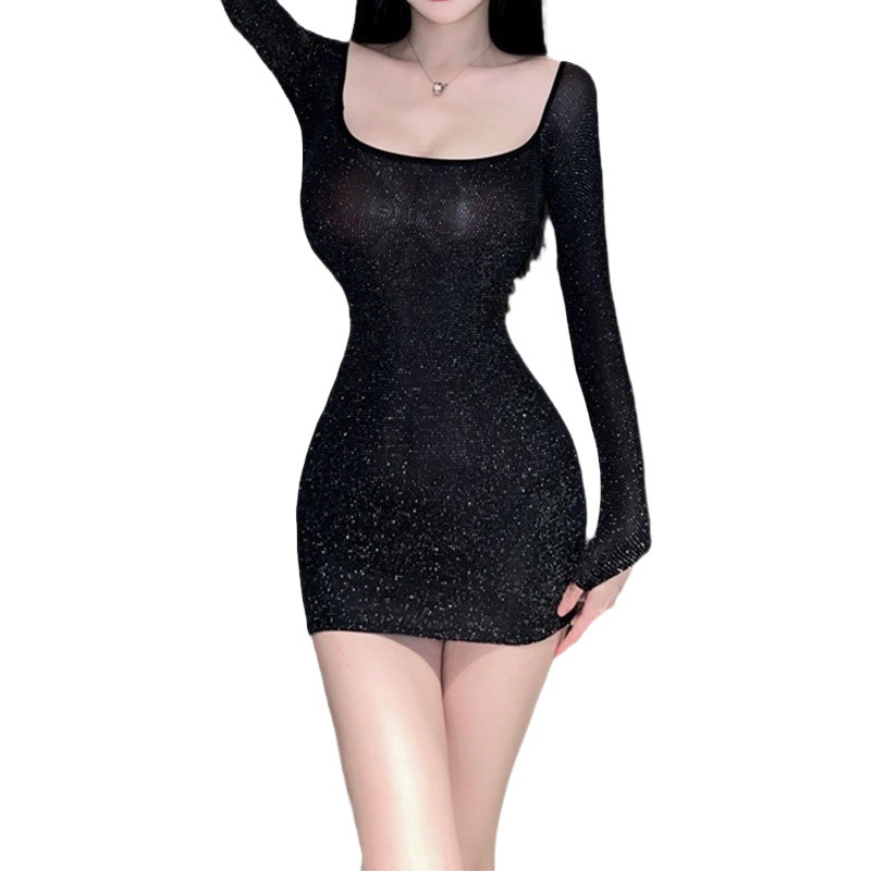 Run take sexy sexy hot girl low-cut shiny tight sheath small black dress long sleeve bottoming dress 6230