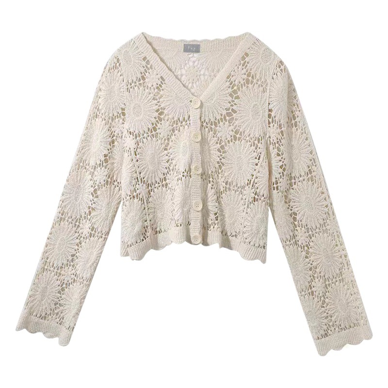 Spring and Summer New Vintage Crochet Hollow Cardigan All-match Fashionable V-neck Age-reducing Loose Outer Wear Jacket