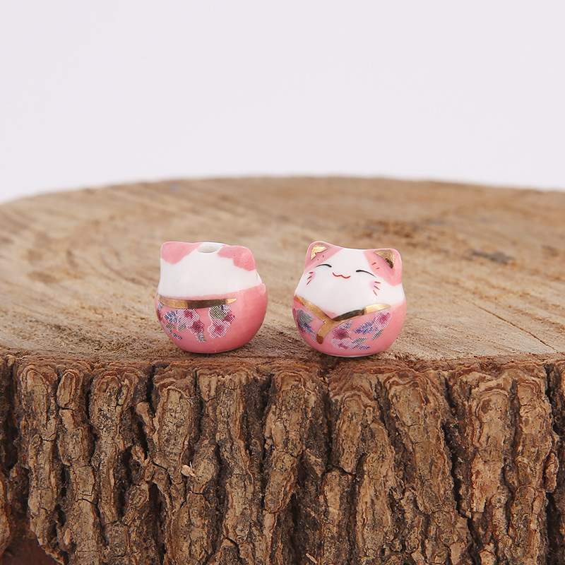 Picture of Japanese-style ceramic lucky cat beaded vertical hole cat pendant jewelry mobile phone chain ceramic cat bracelet DIY loose beads wholesale