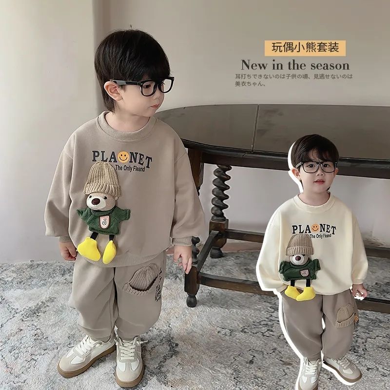 suit men's children's clothing autumn explosions cartoon bear two-piece 2024 new children's foreign-style fried street suit handsome