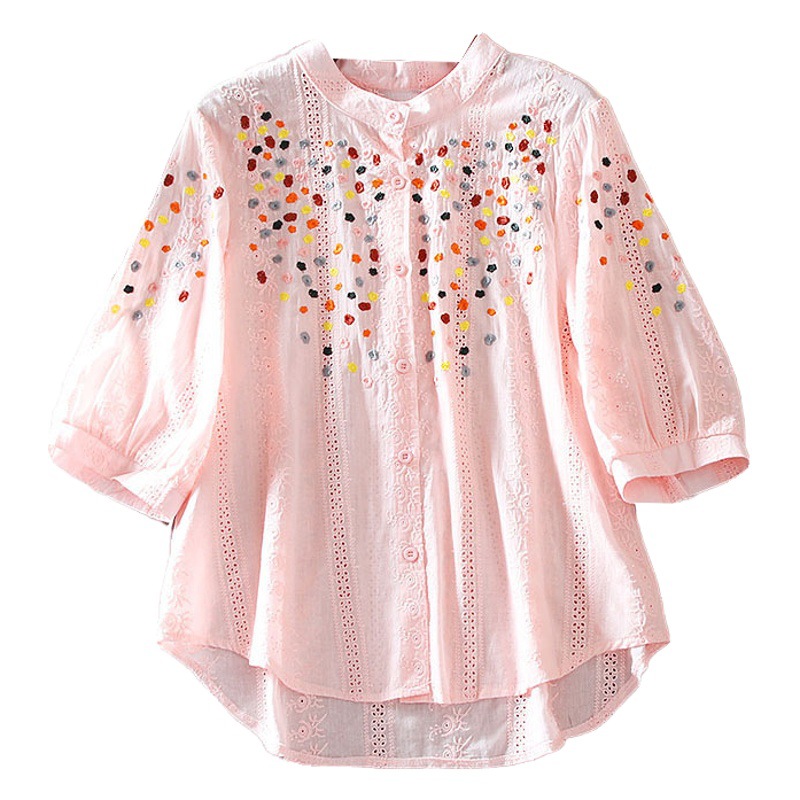 Summer women's clothing design heavy embroidery sweet lace fresh loose slimming retro shirt temperament top