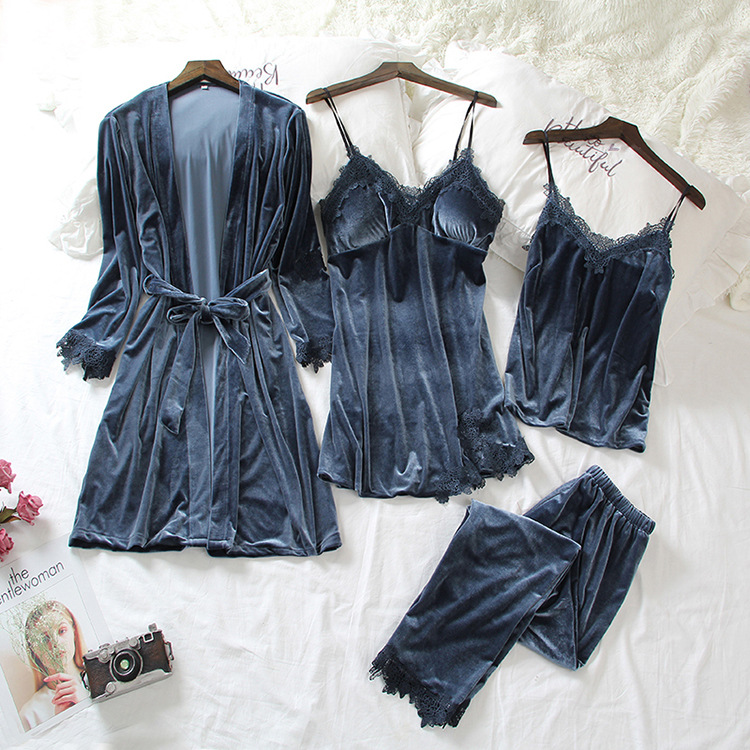 Picture of Pajamas for Women 2025 Spring New Gold Velvet Four-Piece Set Sexy Long-Sleeved Korean Velvet Nightgown with Chest Pad Home Clothes