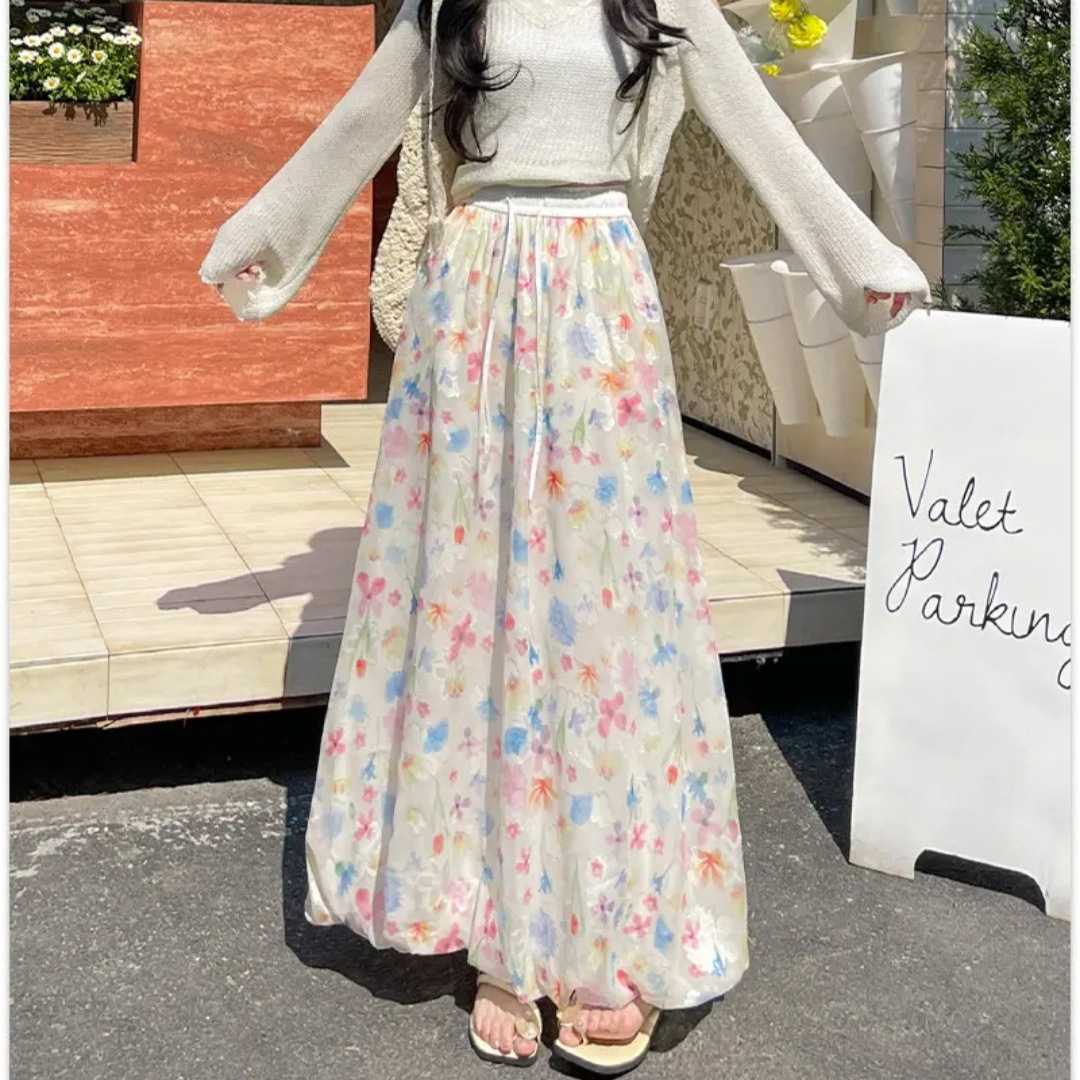 Floral Skirt for Women 2025 Spring and Summer Vacation Bud Skirt High Waist Slimming Look A-Line Skirt Mid-Length Skirt