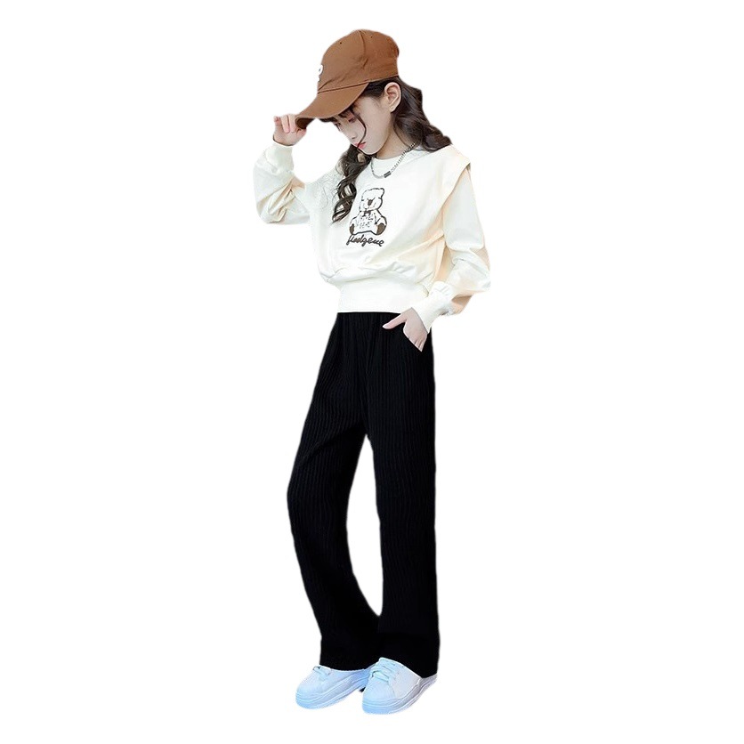 Girls Korean Spring and Autumn Suit 2024 Autumn New Children's Cartoon Bear Tops Straight-Leg Pants Two-Piece Set